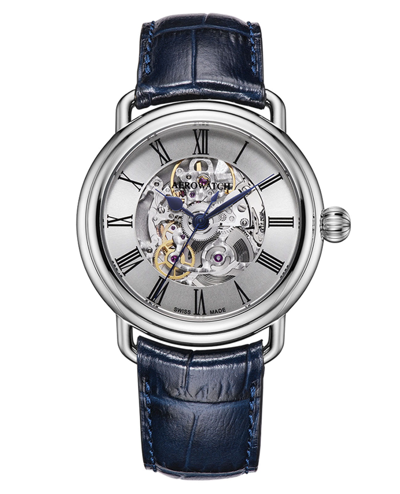 Aerowatch Aerowatch 1942 60900 AA22  60900 AA22 механические мужские часы серебристый циферблат, браслет кожаный — вид спереди